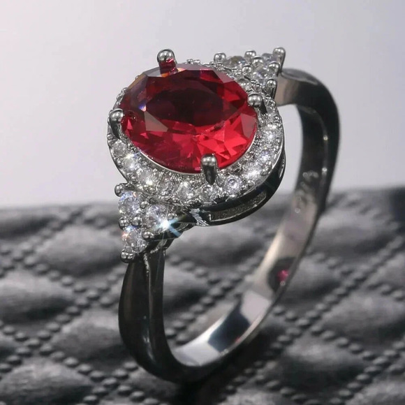 NEW 925 Sterling Silver Oval Ruby Round Diamond Halo Ring - Picture 7 of 8